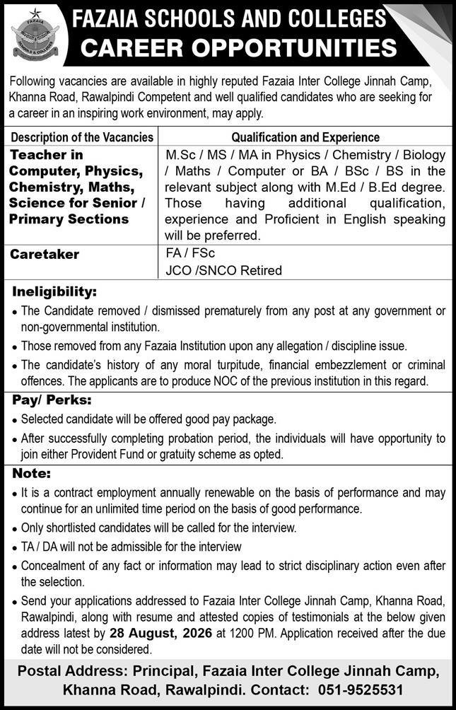 Fazaia Inter College Jinnah Camp Rawalpindi Jobs 2026 for Teachers