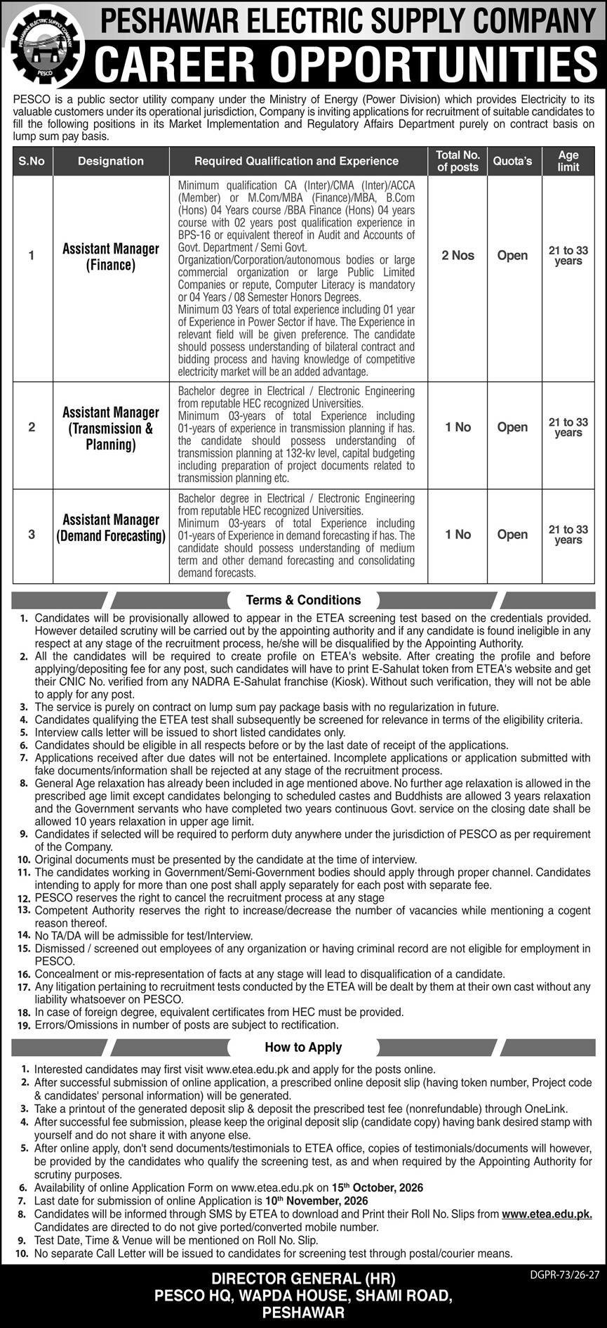 PESCO Assistant Manager Jobs 2026 Advertisement