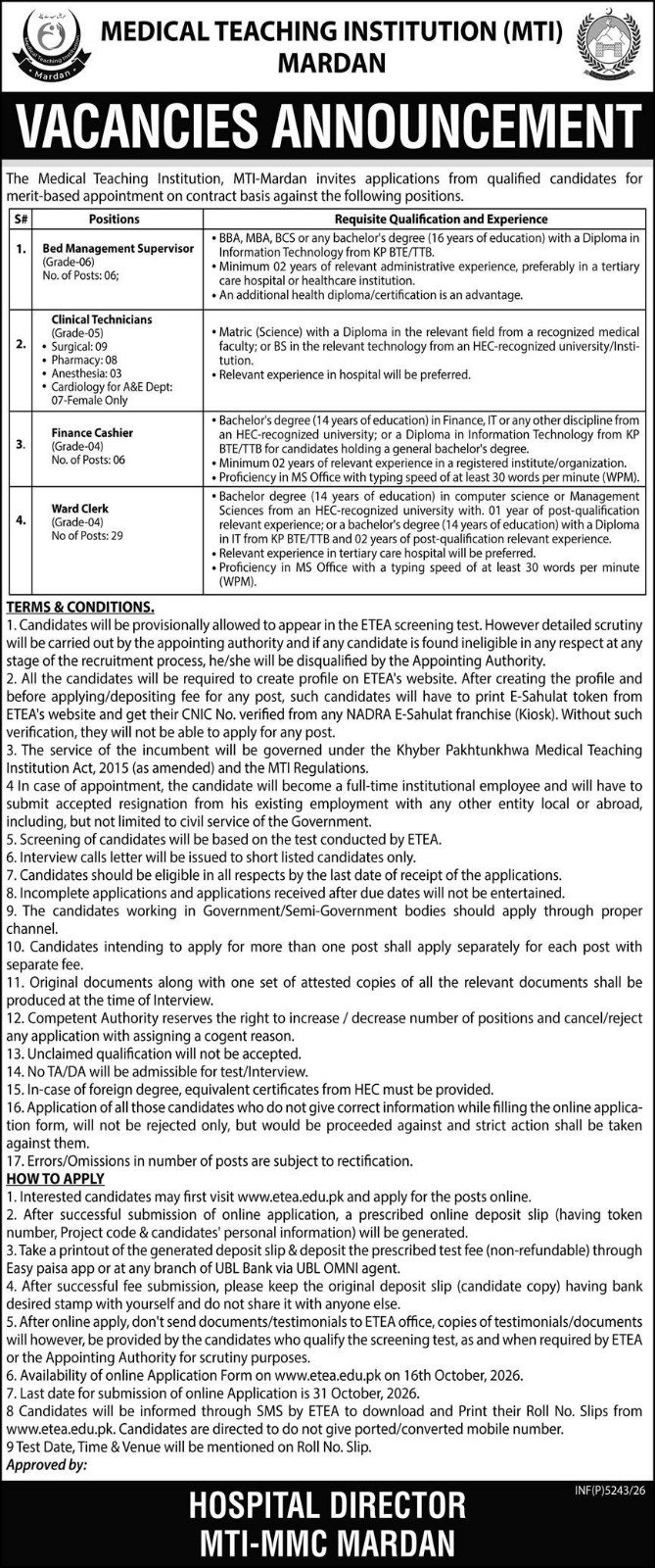 MTI Mardan Jobs 2026 Advertisement