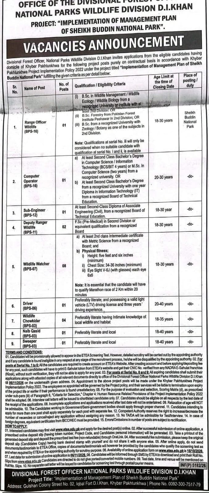 Wildlife Division DI Khan Jobs 2026 Advertisement