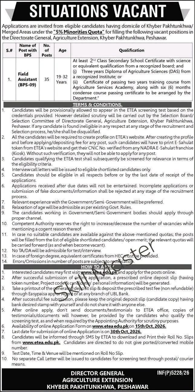 Agriculture Extension Field Assistant Jobs 2026 Advertisement