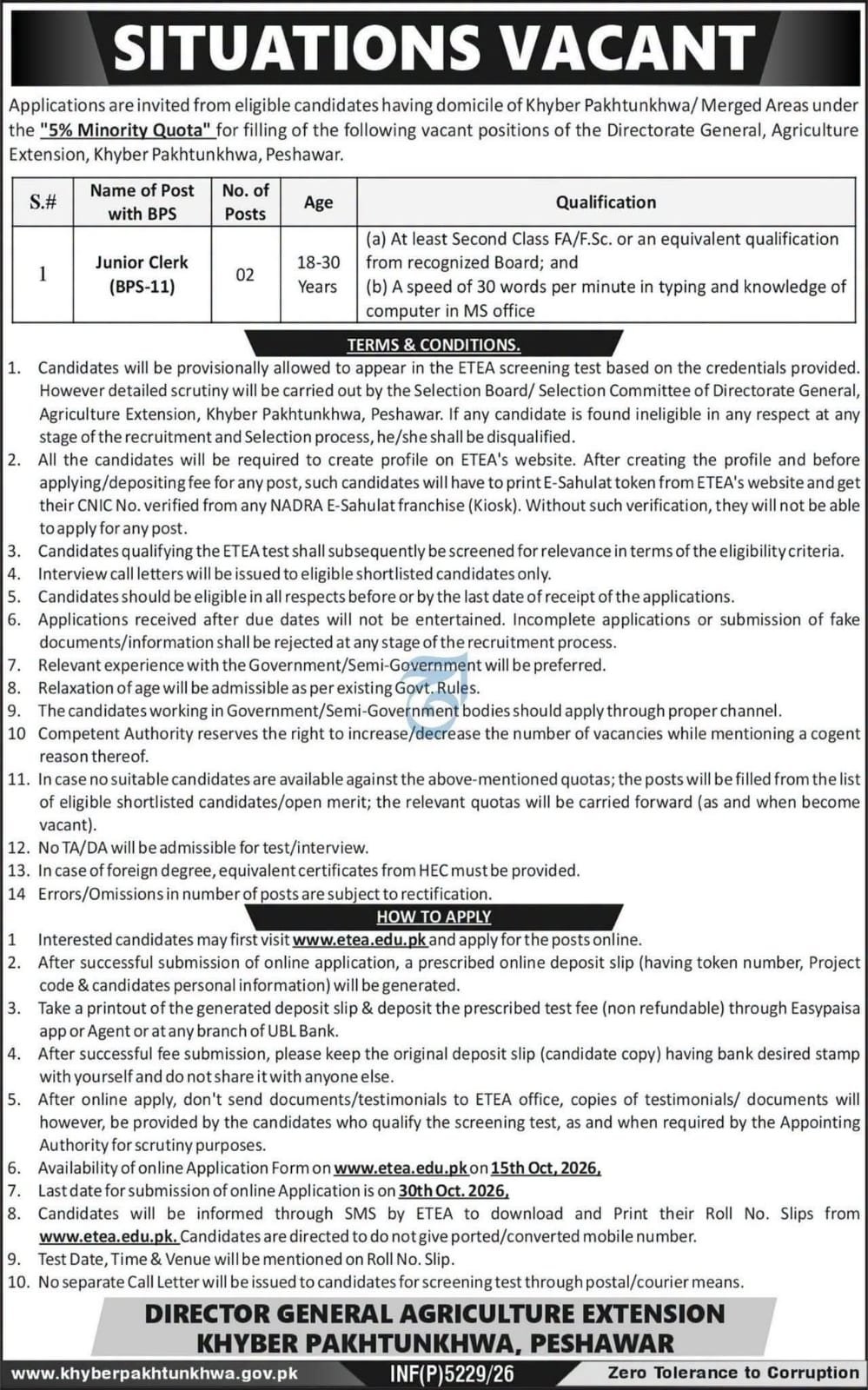 Agriculture Extension Junior Clerk Jobs 2026 Advertisement
