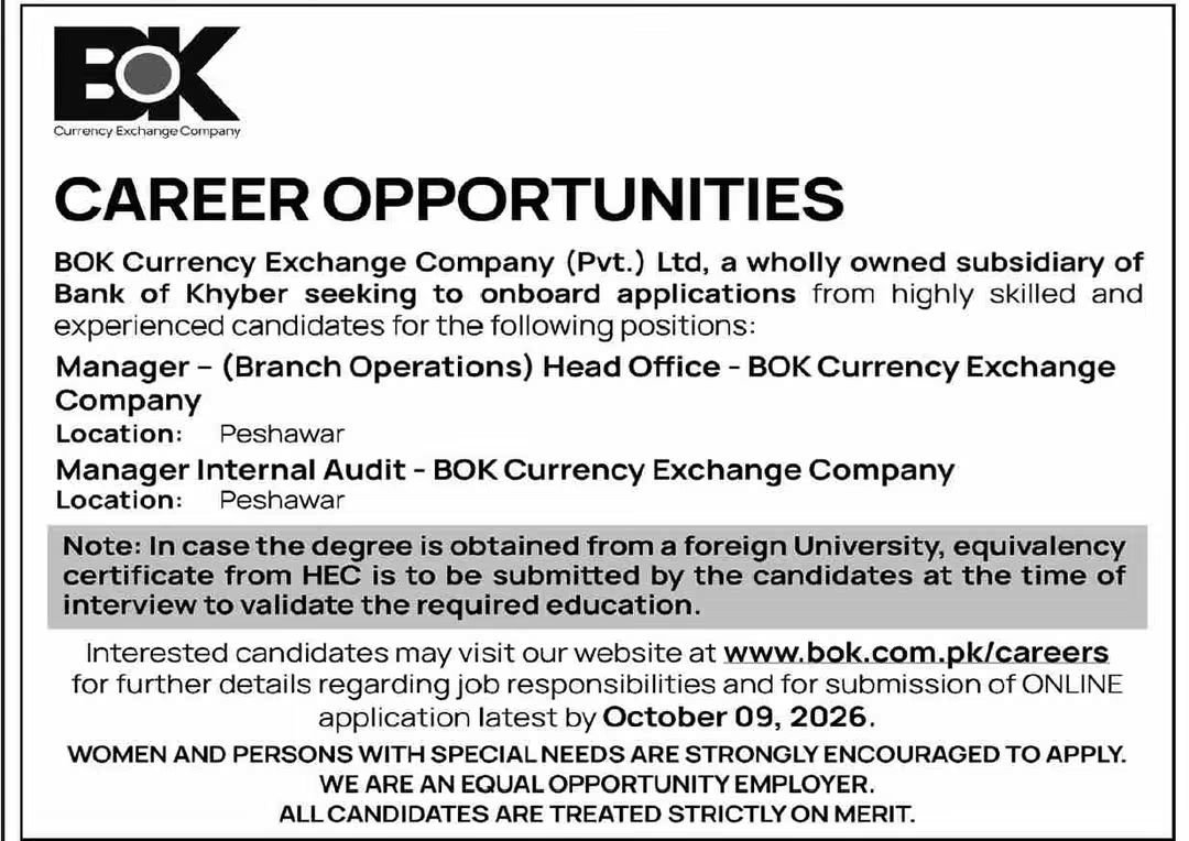 BOK Currency Exchange Manager Jobs 2026 Advertisement