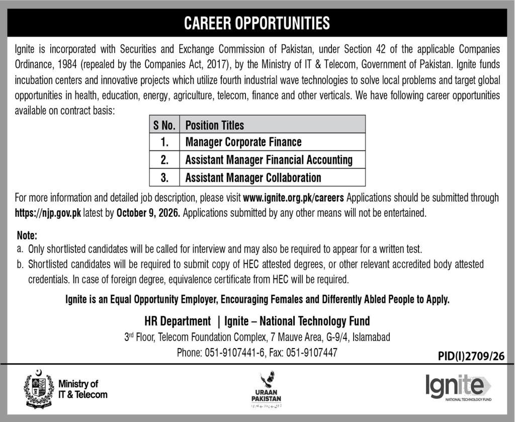 Ignite Manager Corporate Finance Jobs 2026 Advertisement