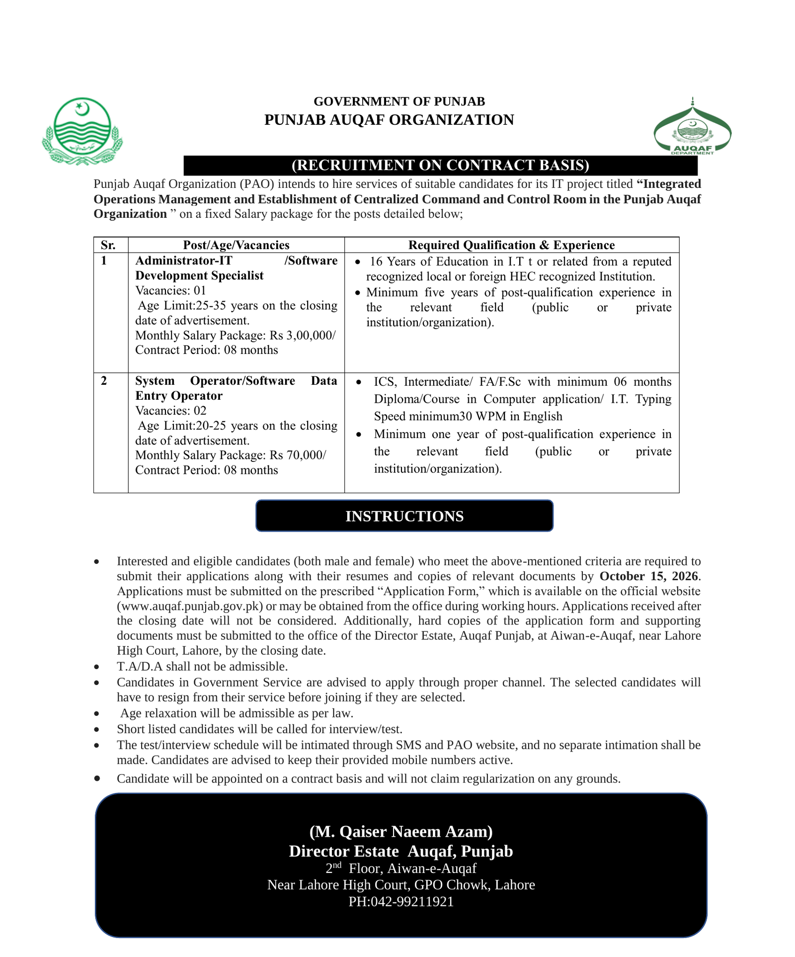 Punjab Auqaf IT Jobs 2026 Advertisement