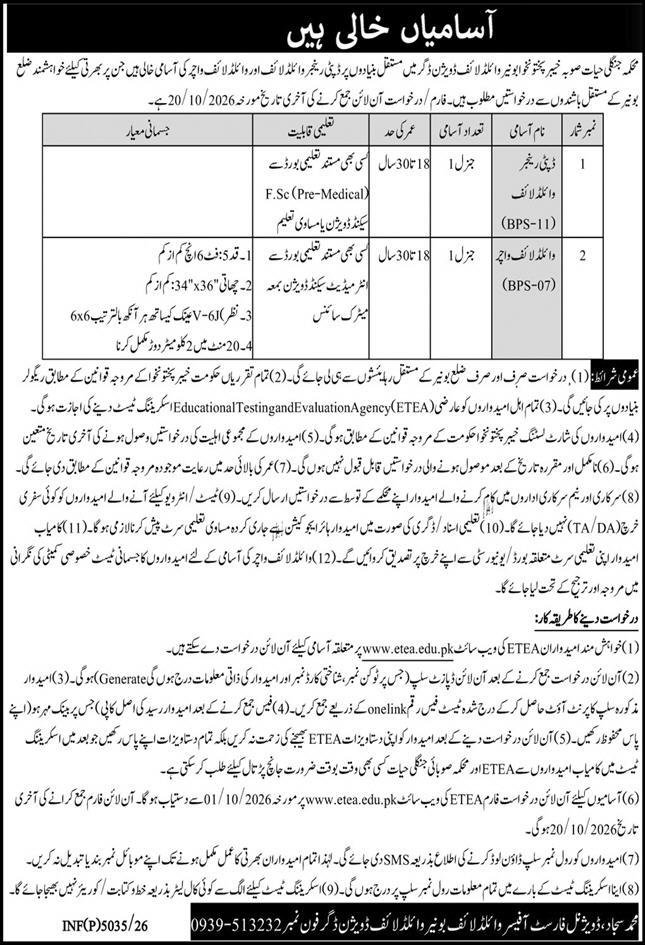 Wildlife Division Buner Jobs 2026 Advertisement