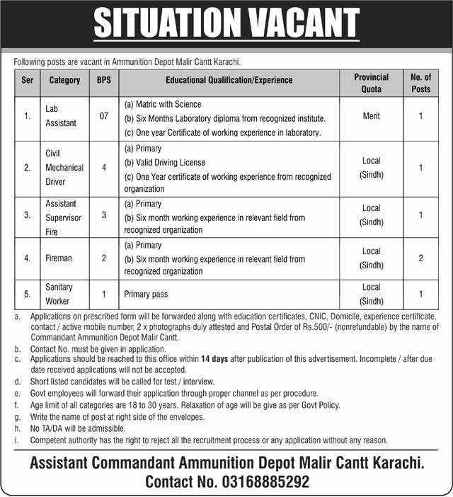 Pak Army Malir Cantt Jobs 2026 Advertisement