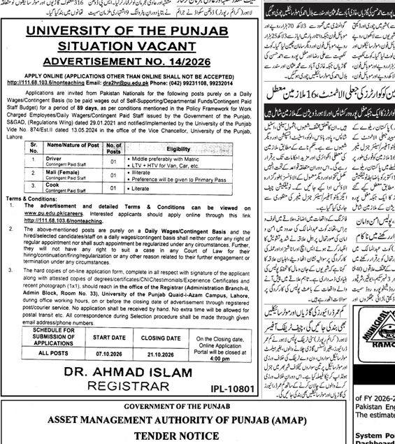 University of the Punjab Jobs 2026 Advertisement