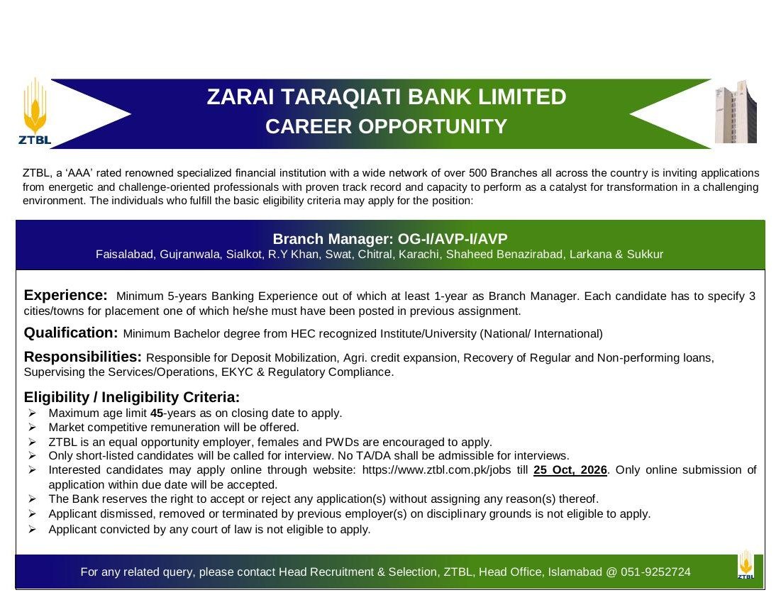 ZTBL Branch Manager Jobs 2026 Advertisement